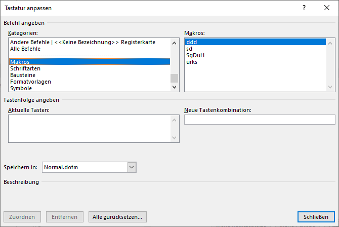 Das Dialogfeld "Tastatur anpassen"